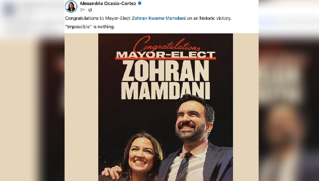 <b>"Nada es imposible"</b> recordó
<b><a href="https://www.univision.com/local/nueva-york-wxtv/politica-new-york/trump-aoc-enfrentamiento-bombardeos-iran-impeachment-constitucionalidad" target="_blank">Alexandria Ocasio Cortez</a></b>, representante del distrito 14 en la Cámara federal, al felicitar
<b>con un mensaje en Facebook</b> al "alcalde electo" Zohar Mandami.