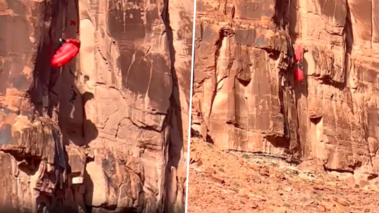 En video: Captan fuerte accidente de saltador BASE en un acantilado de Moab
