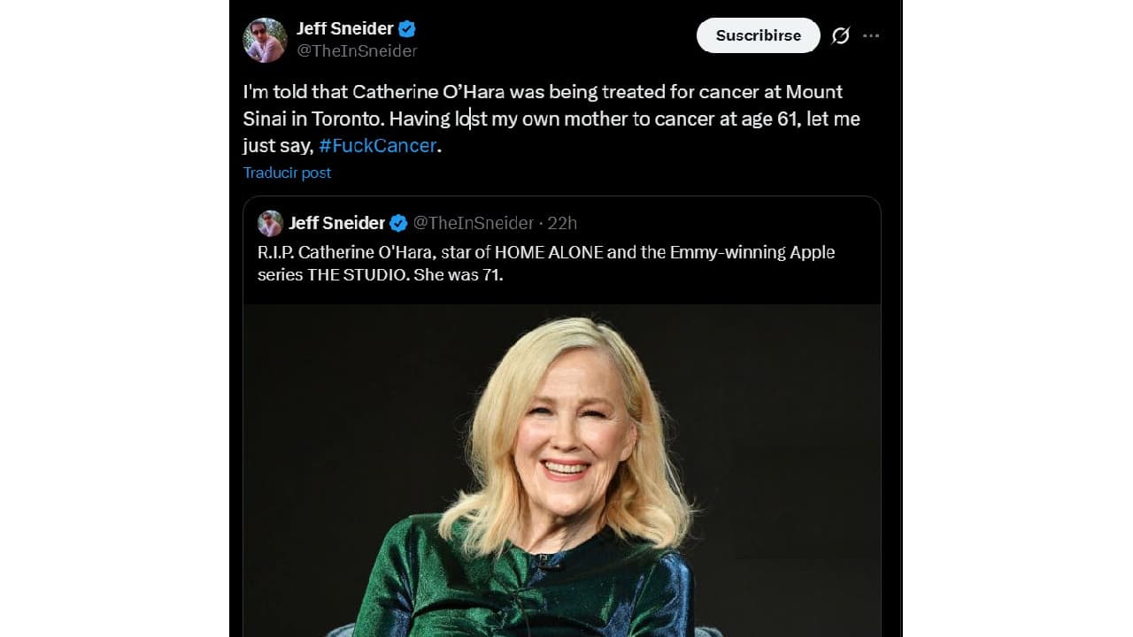 Jeff Sneider revela que Catherine O'Hara estaba bajo tratamiento contra el cáncer.