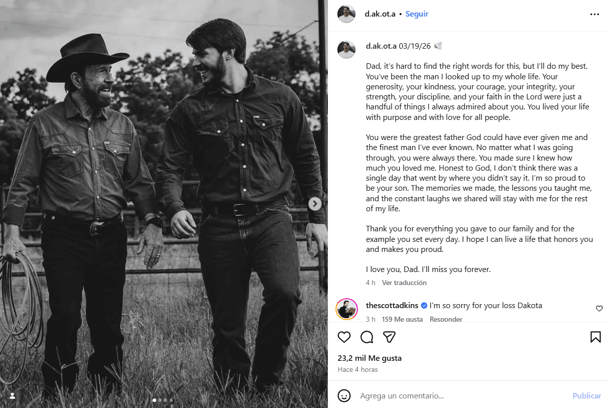 Dakota, hijo de Chuck Norris, le dedicó un mensaje a su papá tras su muerte.