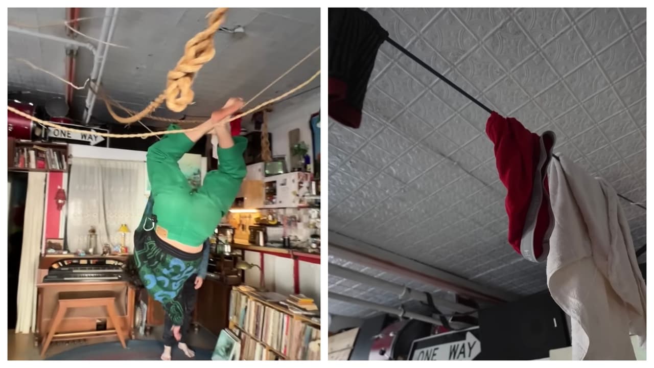 Los lazos donde tiende la ropa, también le ayudan a vencer el ocio y a veces
<b>hace piruetas sobre ellos. </b>