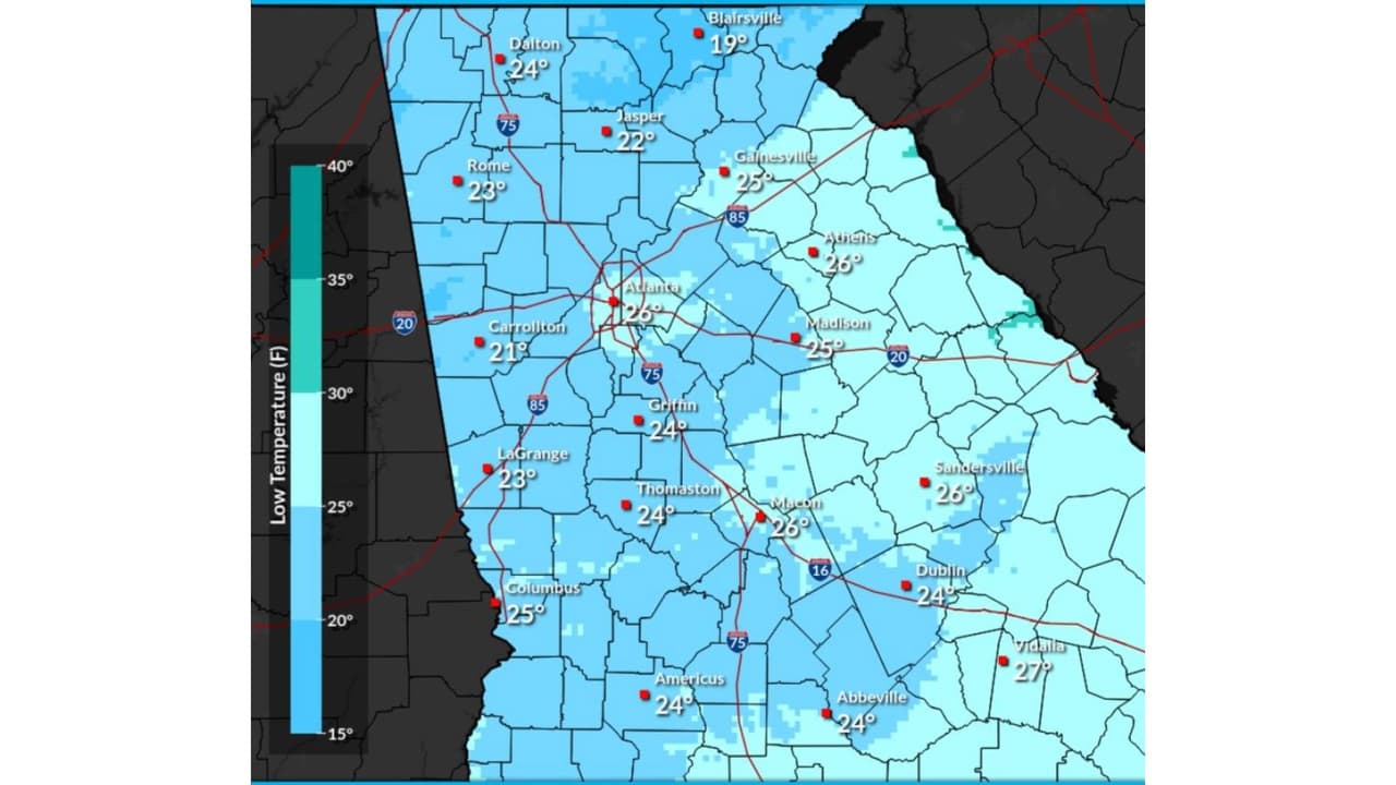 El NWS publicó un mapa en el que se identifican las zonas con las temperaturas más frías que se esperan con un color azul. Las zonas con color aqua, serán igual congelantes, aunque menos frías.