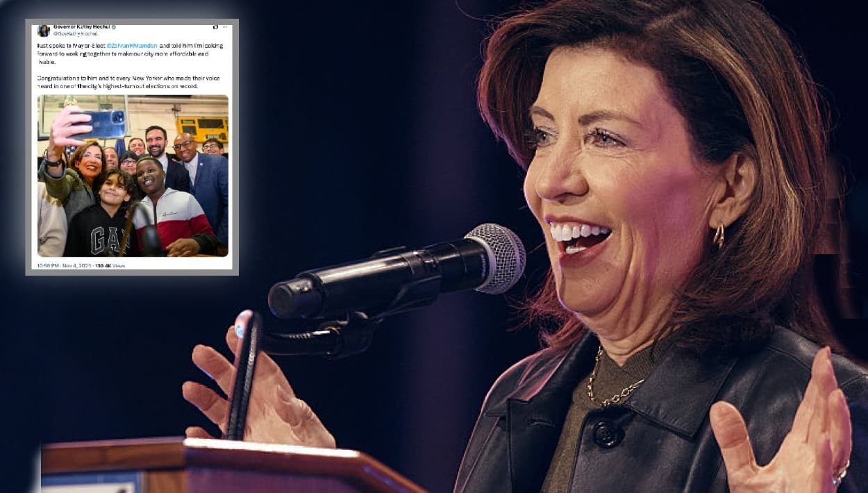 La
<b>gobernadora de Nueva York, Kathy Hochul</b> informó lo que hizo tras conocer que Zohar Mamdani es el alcalde electo de la Ciudad. Lo llamó para decirle "que estoy deseando trabajar juntos para que nuestra ciudad sea
<b>más asequible y habitable</b>. ¡Enhorabuena a él y a todos los neoyorquinos que hicieron oír su voz, en
<b>una de las elecciones con mayor participación de la historia de la ciudad</b>!".