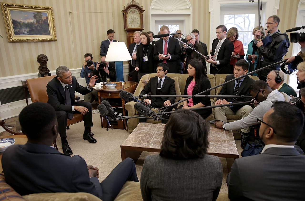 <b>2015 |</b>President Barack Obama met with beneficiaries of the DACA program in the Oval Office in February 2015.
