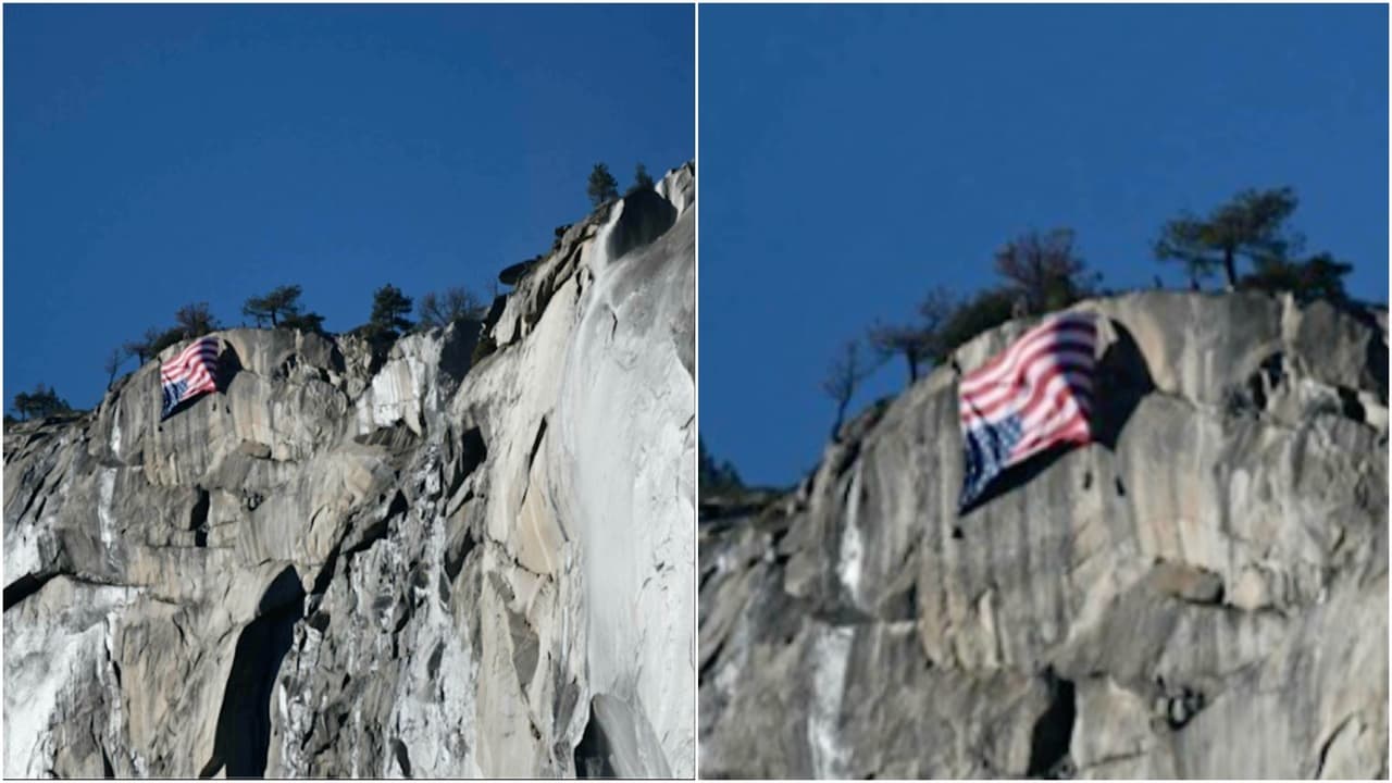 Exempleados federales protestan con una bandera de EEUU al revés ante despidos en el Parque Nacional de Yosemite