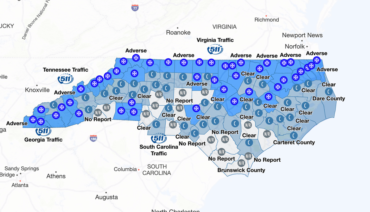 Calles y carreteras en Carolina del Norte con parches de hielo negro
