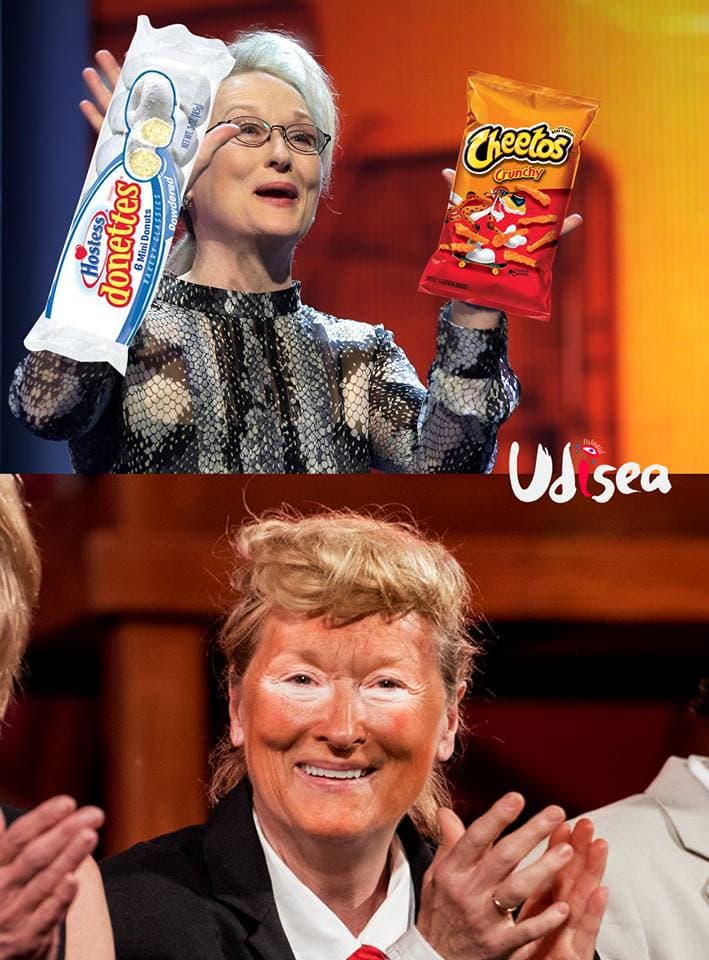 <b>Meryl Streep.</b> La famosa actriz se puso un ofensivo disfraz de
<i>orangeface</i> para representar a
<a href="http://bit.ly/HOfSpaceEp12" target="_blank">Donald Trump.</a>