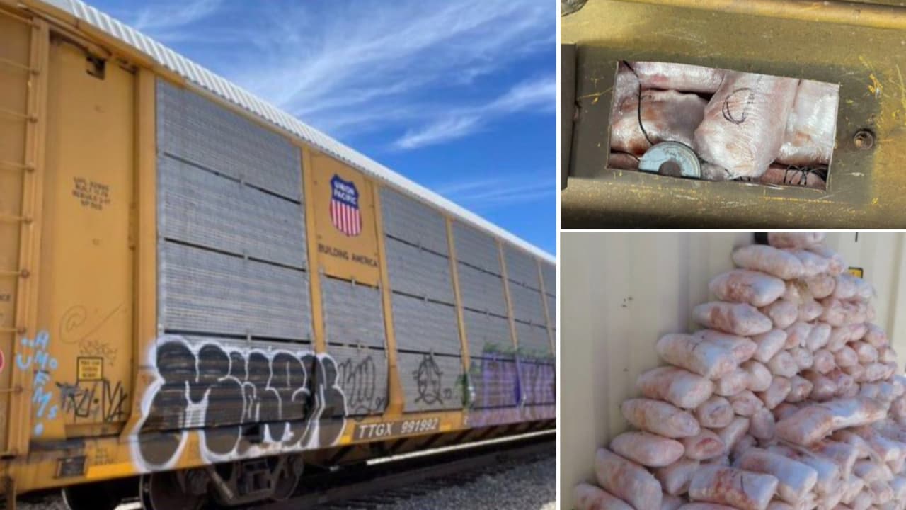 Oficiales de CBP que trabajaban en operaciones ferroviarias en la garita de Nogales incautaron 338.20 libras de metanfetamina escondidas en una viga de soporte en un vagón de tren.