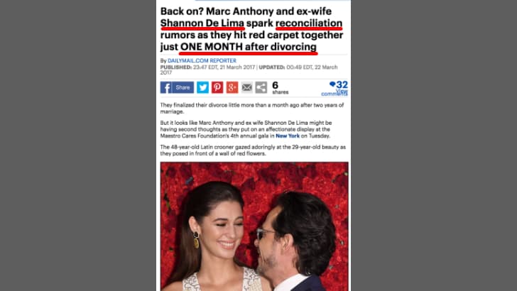 Parte del artículo que comenzó a compartirse este miércoles en la madrugada donde erróneamente se informa que Marc Anthony regresó con Shannon de Lima, porque la confundieron con Mariana Downing, nuevo amor del artista.