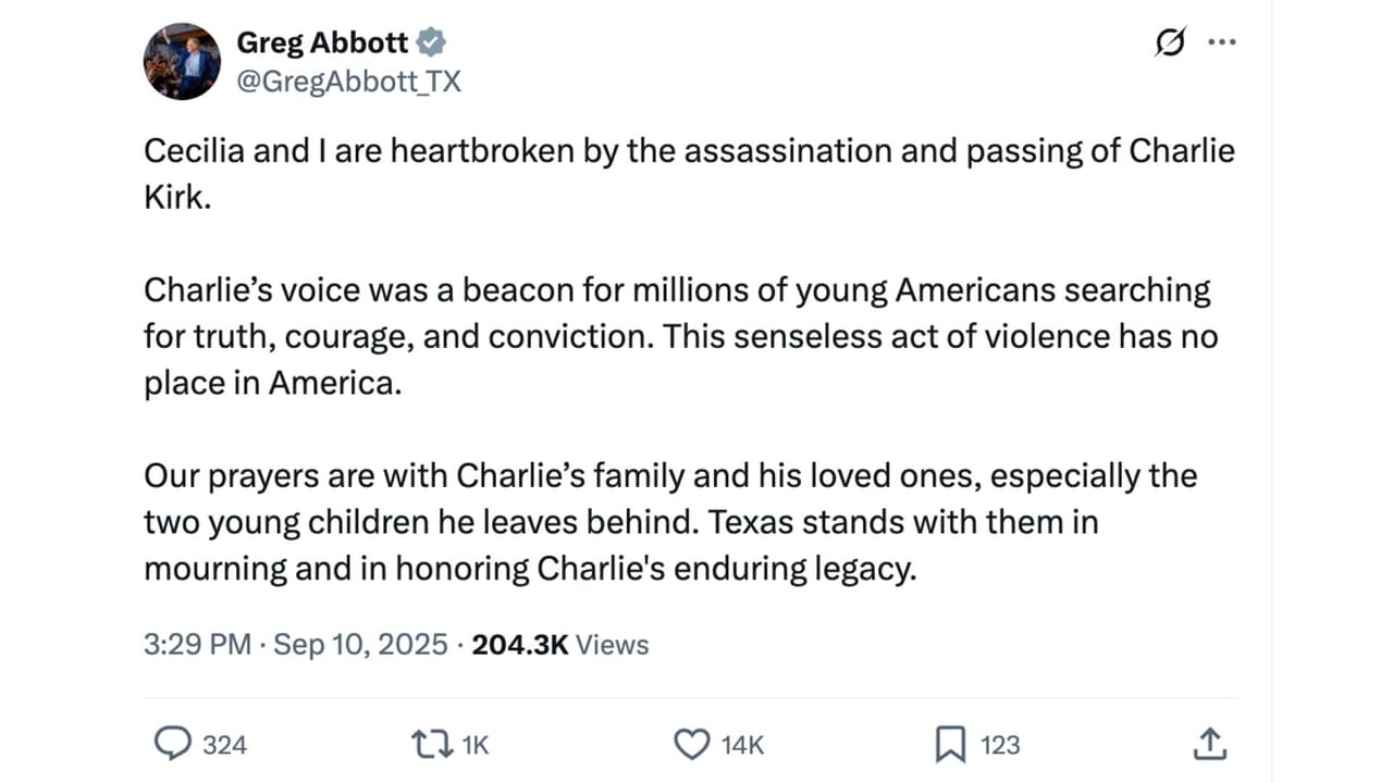 Abbott publicó temprano “Cecilia y yo estamos orando por que las manos sanadoras de Dios estén sobre Charlie Kirk”.
<br>
<br>Sin embargo, al confirmarse su muerte, horas más tarde, emitió un comunicado.