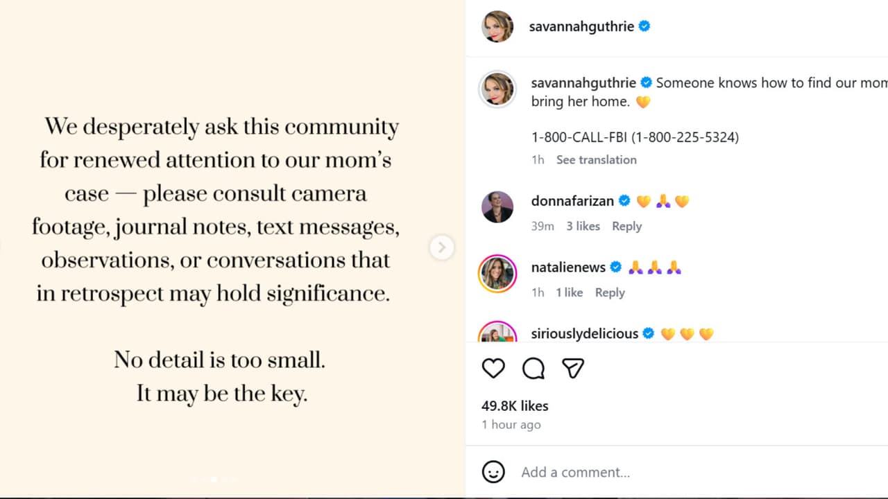 Parte del nuevo post que Savannah Guthrie hizo en Instagram respecto a la búsqueda de su madre, desaparecida hace 50 días.