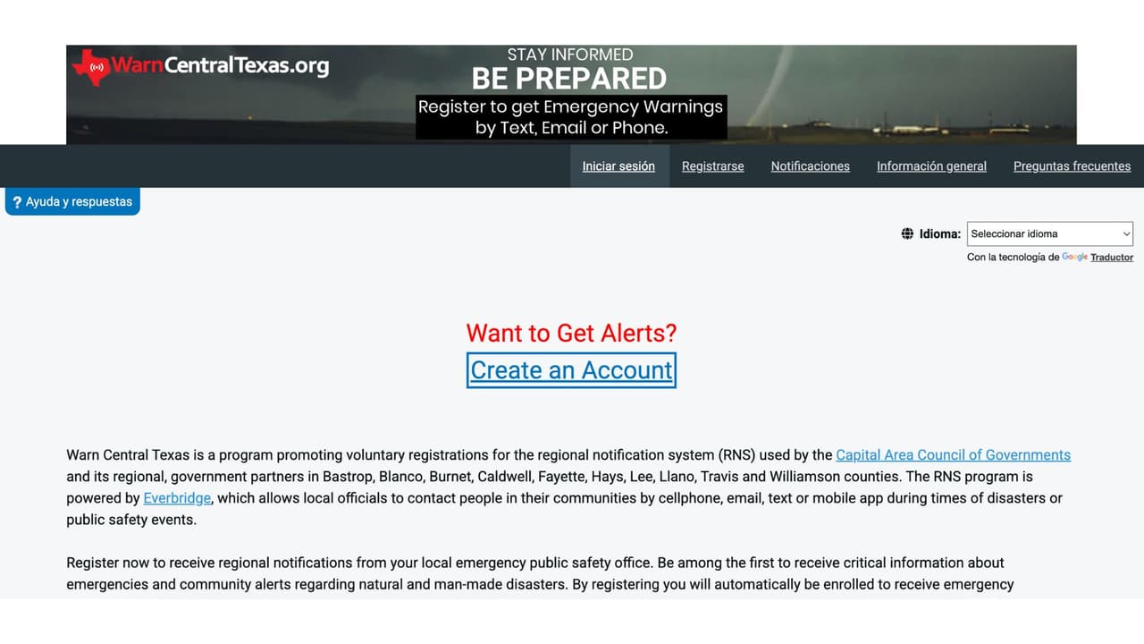 A través de warncentral.org puedes registrar tu teléfono celular y recibir estas alertas.
<br>
<br>Al entrar a
<b>warncentral.org </b>te recibirá una pantalla que dice CREATE AN ACCOUNT, da click en la leyenda.