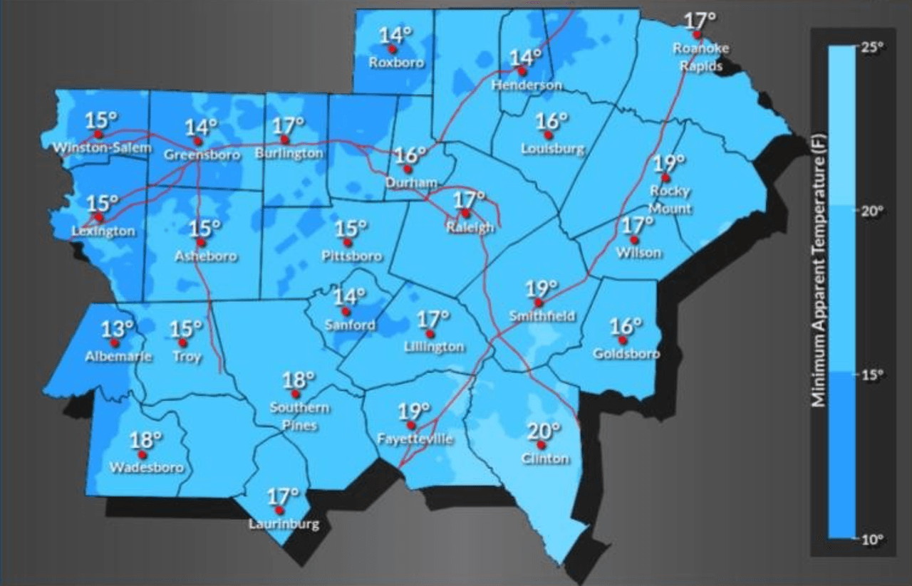 El NWS publicó un mapa de las sensaciones térmicas mínimas que se esperan este martes 11 de noviembre en el centro de Carolina del Norte.