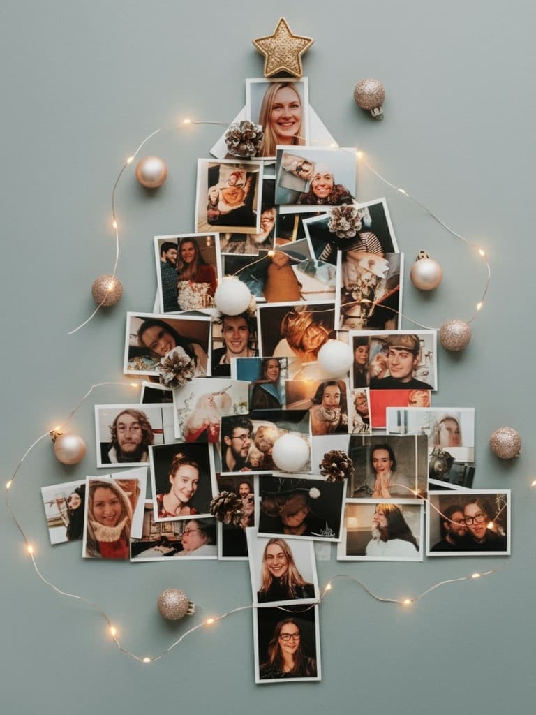 Árbol de Navidad en la pared hecho con fotos