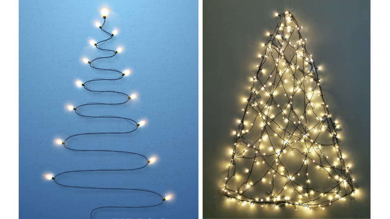 Árboles de Navidad en la pared hechos con tiras de luces navideñas