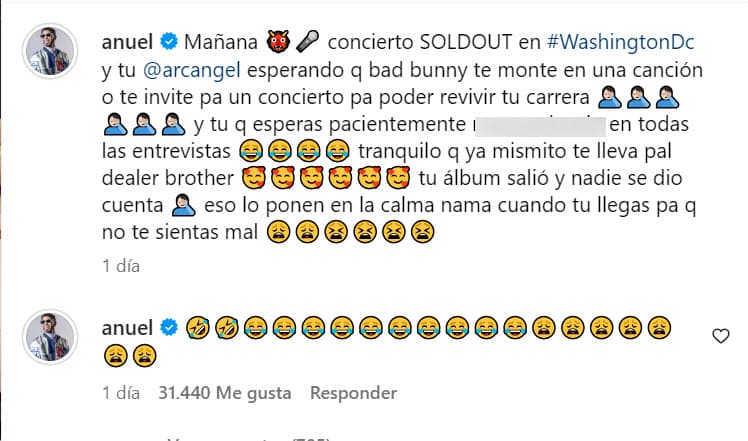Este es el mensaje que Anuel publicó contra Arcángel y Bad Bunny.
