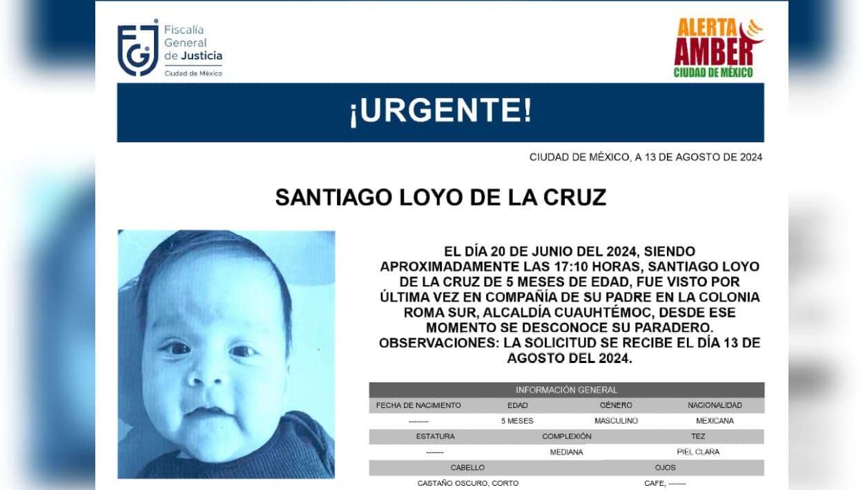 Jessica de la Cruz buscó ayuda de las
<b>autoridades mexicanas</b>, siendo ella la principal custodio del niño, pues el padre no aparece en su registro de nacimiento. El 13 de agosto se activó una
<b><a href="https://x.com/FiscaliaCDMX/status/1823475747228672015" target="_blank">alerta Amber</a></b>, ampliando la búsqueda del pequeño Santiago, ya de 5 meses.