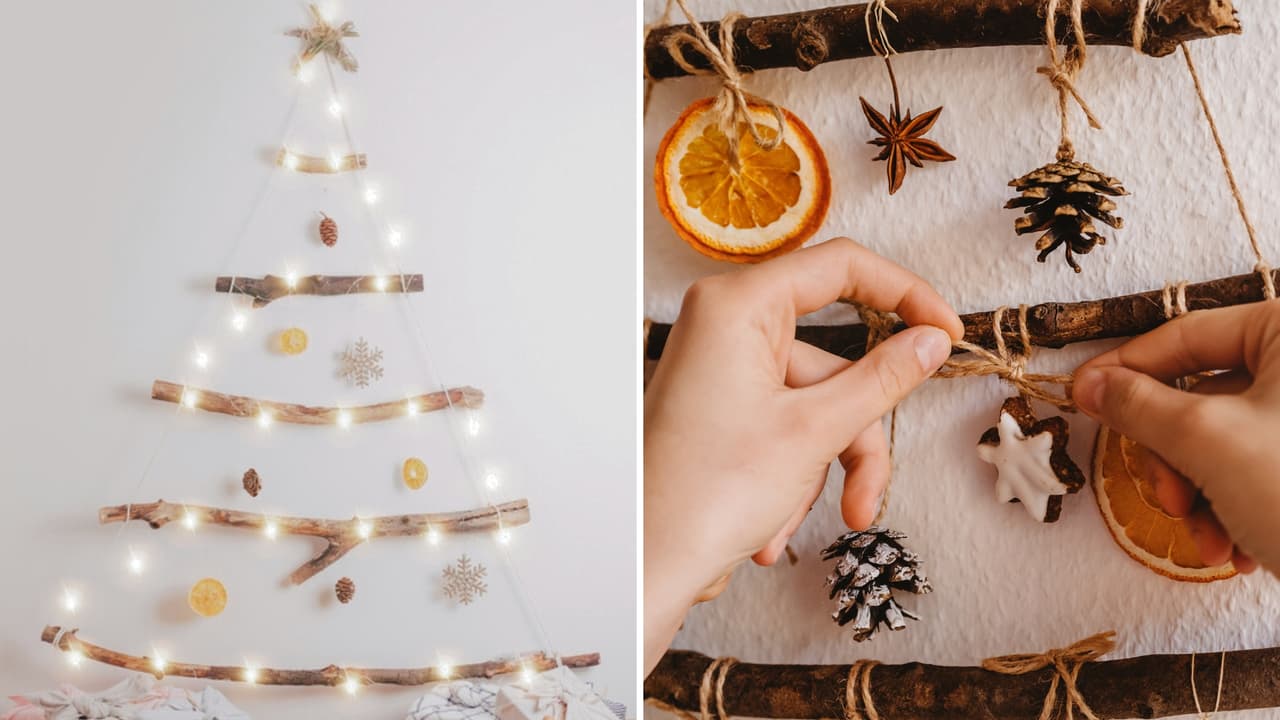 Árbol de Navidad en la pared decorado con naturaleza muerta