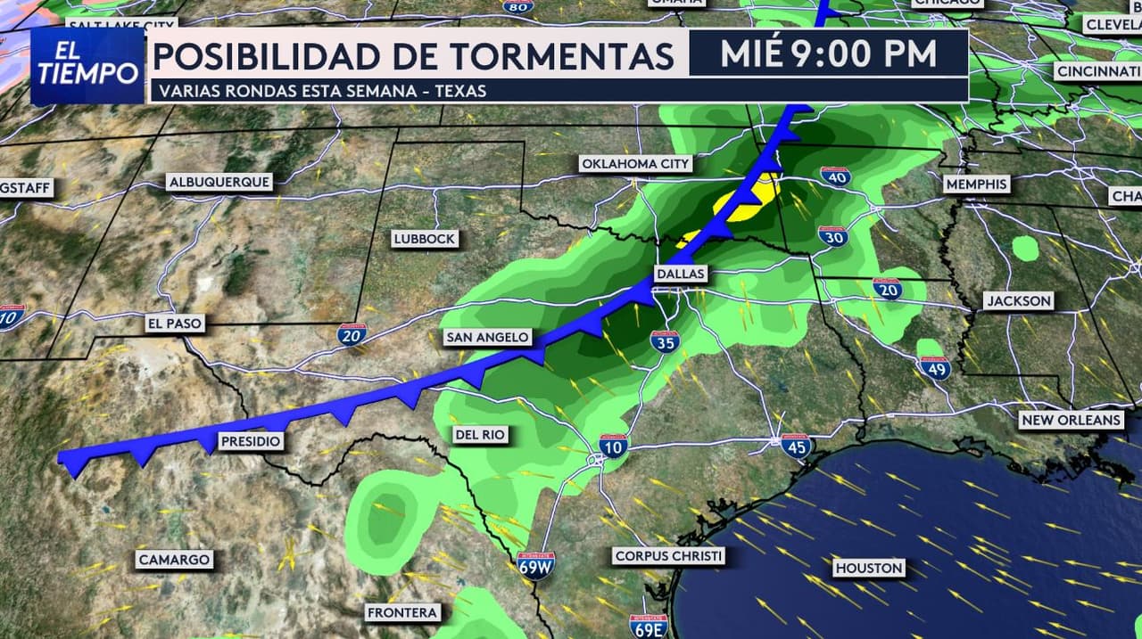 La primera ronda de tormentas
<b>podría desarrollarse el miércoles por la noche.</b>
<br>El pronóstico de nuestra experta del tiempo, muestra actividad
<b> alrededor de las 9 pm, con un frente avanzando hacia el norte de Texas, incluida el área de Dallas - Fort Worth.</b>
<br>El mayor riesgo sería
<b>vientos de hasta 55 millas por hora o más y posible granizo de tamaño considerable.</b>
<br>Algunas tormentas podrían extenderse
<b>hacia la madrugada del jueves.</b>
<br>Los horarios exactos pueden cambiar conforme avance la semana, por lo que es importante
<b>mantenerse atento a las actualizaciones.</b>