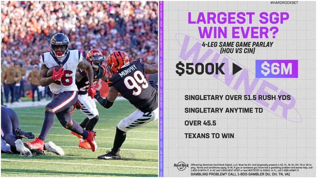 <h2 class="cms-H2-H2">Los 10 mayores ganadores de la historia en Florida</h2>
<br>
<br>
<h2 class="cms-H2-H2">1.- Anónimo (Apuesta: $500,000 | Ganancia: $6 millones) - 2023, NFL</h2>
<br>En noviembre de 2023,
<a href="https://x.com/HardRockBet/status/1723809897878323268" target="_blank">un apostador anónimo de Florida se llevó 6 millones de dólares</a> a casa luego de un gol de campo en el último segundo del partido de fútbol americano entre los Houston Texans y los Cincinnati Bengals. El apostador realizó su apuesta a través de
<a href="https://www.hardrock.bet/" target="_blank">Hard Rock Bet</a>, la única casa de apuestas legal en línea de todo el estado. El 12 de noviembre, a solo 5 segundos de que acabara el juego con un marcador empatado 27-27, Matt Ammendola pateó un gol de campo de 38 yardas que llevó a la victoria a los Texans y al afortunado apostador. En su momento, la casa de apuestas identificó la apuesta como histórica en el estado del Sol.