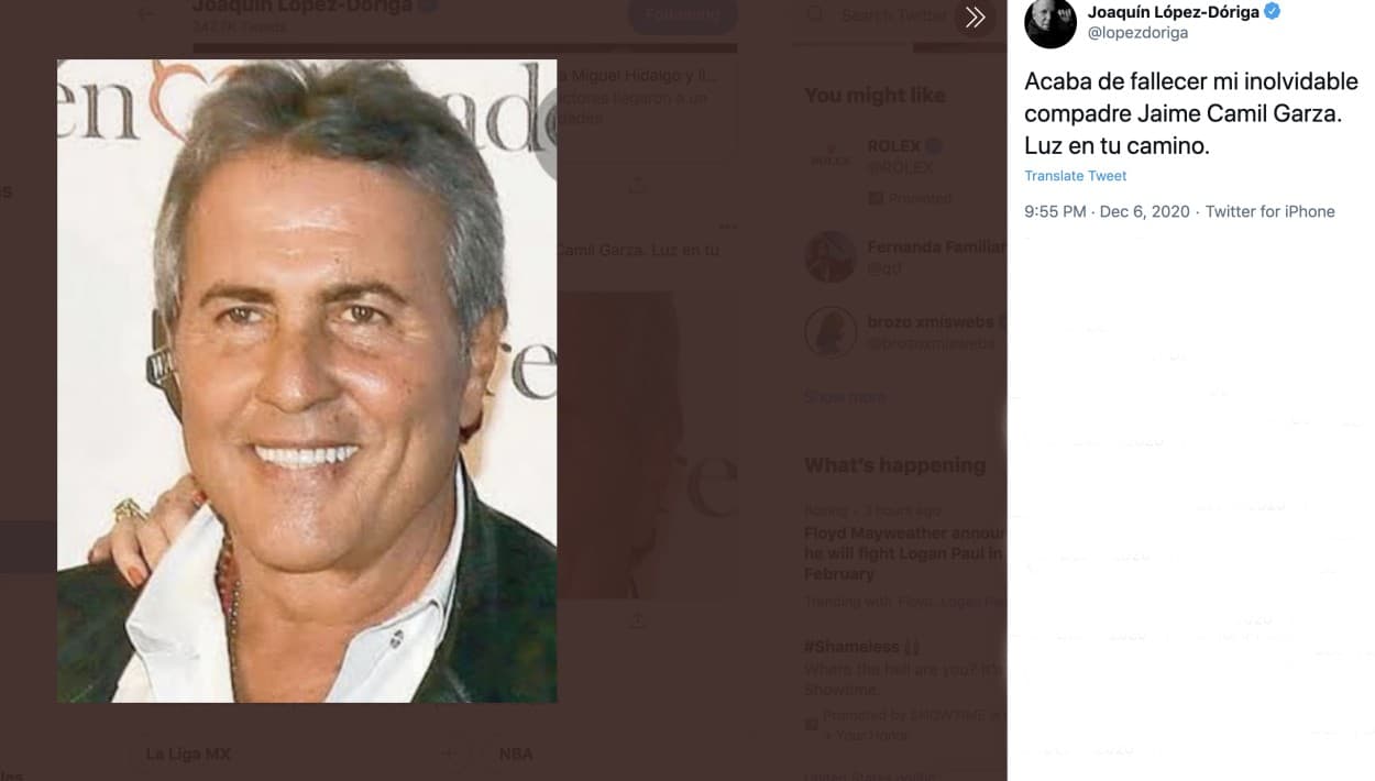 El periodista mexicano Joaquín López Dóriga también se despidió públicamente de su "compadre", Jaime Camil Garza.