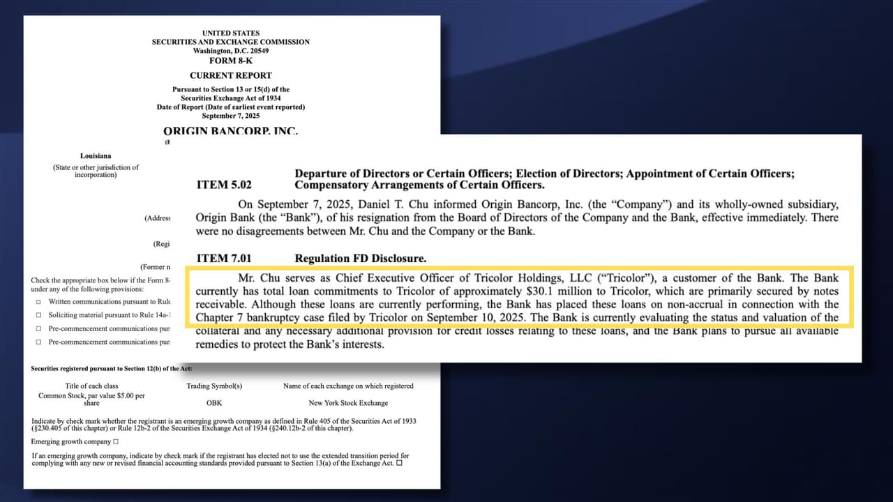 The document is an official notice from Origin Bank to investors. It states that its client, Tricolor, filed for bankruptcy and the bank could lose 30 million dollars in loans. It also says that Tricolor’s CEO resigned from the bank’s board after the bankruptcy became public.