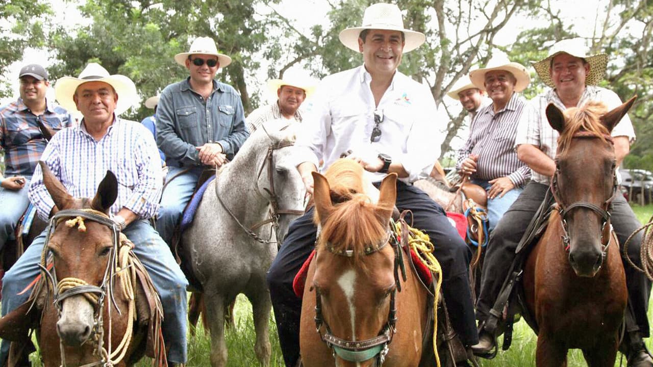 Honduran president Juan Orlando Hernández campaigned on horseback in rural areas. The president seen here in Olancho (white shirt on the lead horse).