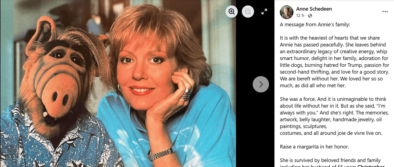 Anne Schedeen, estrella de ALF, murió a los 77 años.