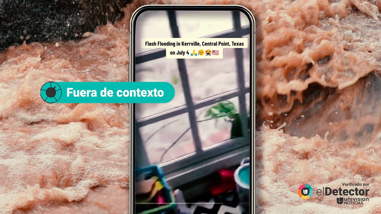 Ese video grabado a través de ventanales blancos, en el que el agua rodea violentamente una casa, NO es de las recientes inundaciones en Texas