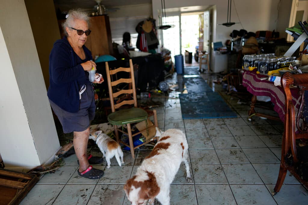 Judy Wolff, de 77 años, en su casa frente al río en Fort Myers, Florida. Wolff y sus dos perros sobrevivieron al huracán Ian en su casa. Las aguas rompieron las puertas de vidrio del patio y bloquearon la salida con la avalancha de muebles que llevaban consigo. Wolff colocó a sus dos perros en la mesa del comedor y se quedó atrapada mientras las aguas subían hasta la cintura.