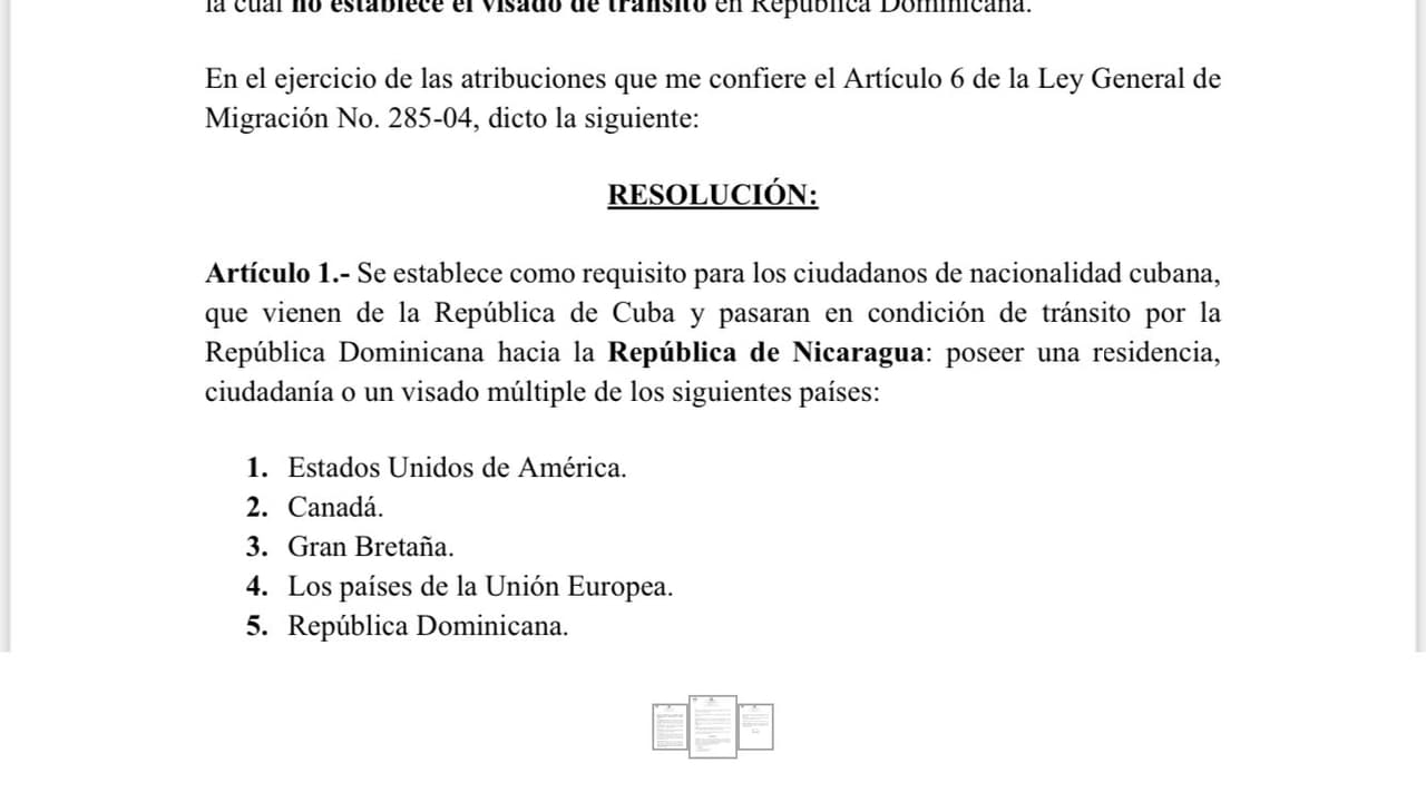 Screen grab of resolution banning Cubans without visas from transiting on flights between the Dominican Republic and Nicaragua, June 21, 2022. "It is established as a requirement for Cuban citizens, who come from Cuba and pass in transit through the Dominican Republic to Nicaragua: to possess a residence, citizenship or a multiple entry visa from one of the following countries: United States, Canada, Great Britain, member countries of the European Union or Dominican Republic."