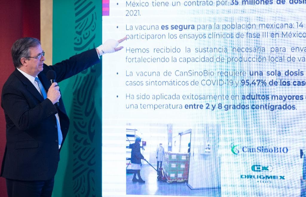 Marcelo Ebrard, the Mexican foreign minister, speaks about the CanSino vaccine at a press conference in Mexico City.