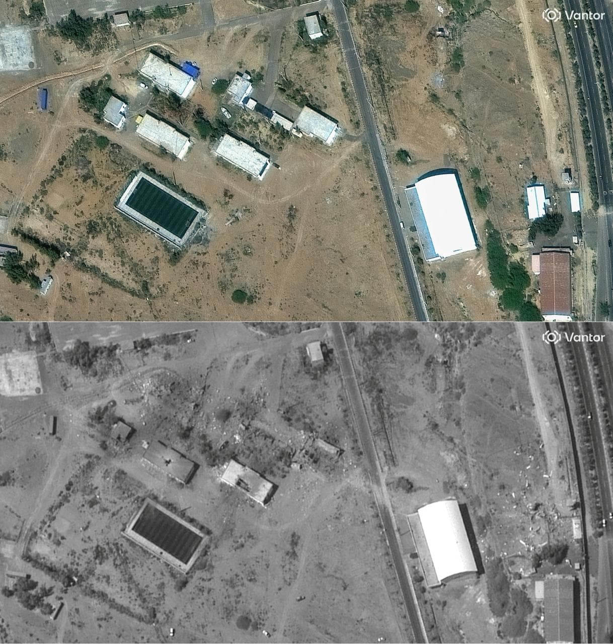 Esta combinación de imágenes creada el 6 de marzo de 2026, utilizando imágenes satelitales cedidas por Vantor, muestra los edificios de las instalaciones militares de Chabahar el 25 de febrero de 2026 (arriba) y los mismos edificios tras un ataque militar, el 6 de marzo de 2026.
<br>
<br>Estados Unidos e Israel han lanzado ataques contra Irán desde el 28 de febrero, con el asesinato del líder supremo de Irán, y la República Islámica respondió con una lluvia de misiles contra los Estados del Golfo e Israel.