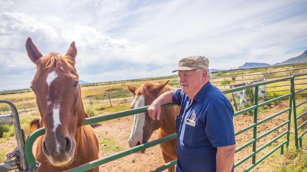 Glenn Spencer with his horses Jazzman and Rowdy.