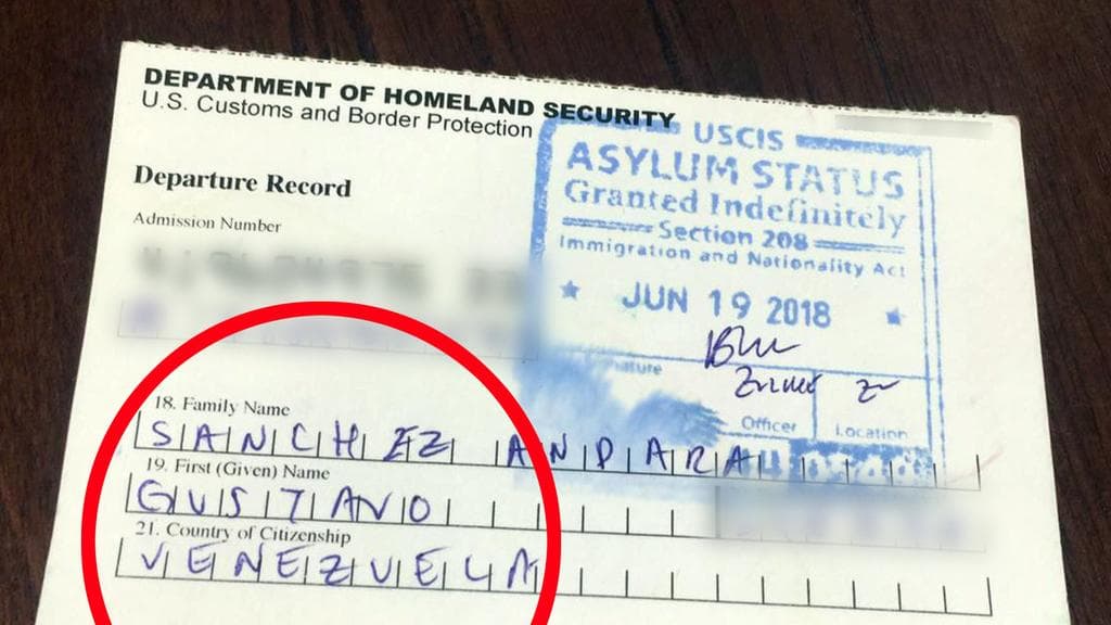 Political asylum document carried by Gustavo Sánchez.
<br>