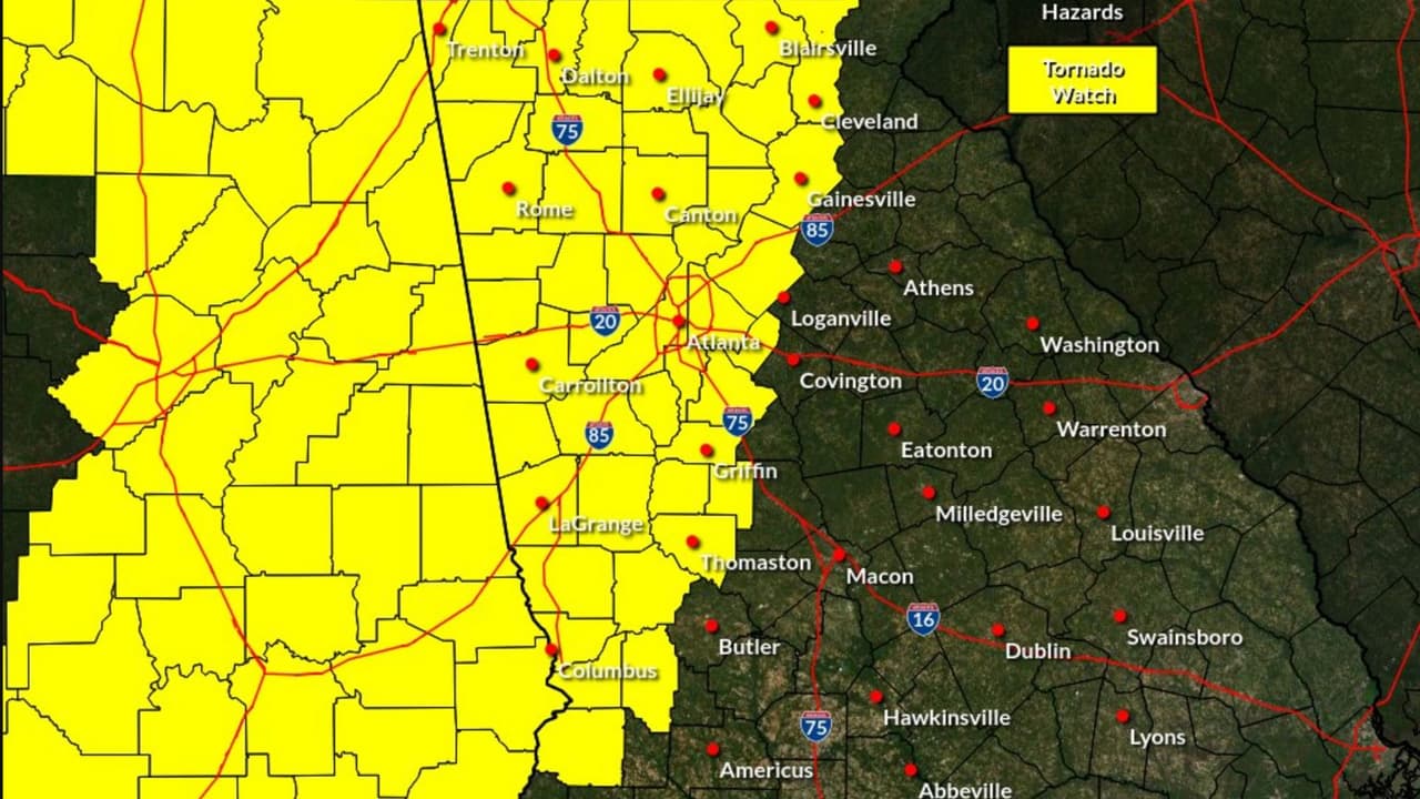 La zona metro de Atlanta está bajo una Vigilancia por Tornados para esta madrugada