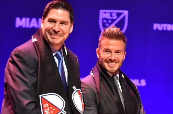 David Beckham with Marcelo Claure, CEO of Softbank International and Jorge Mas, President and Co-Founder of MasTec after officially announcing the new MLS franchise in MIami, January 29, 2018.