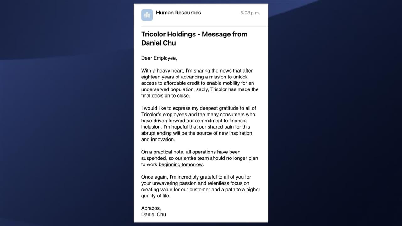 Through a letter shared by Tricolor Auto’s Human Resources department, employees learned that the company would permanently close its doors.