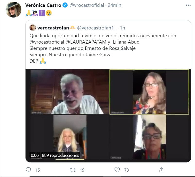 Mientras que en Twitter publicó el link de la reciente plática virtual que tuvieron ella, el fallecido actor, Laura Zapata y Liliana Abud, para recordar anécdotas de 'Rosa salvaje'.