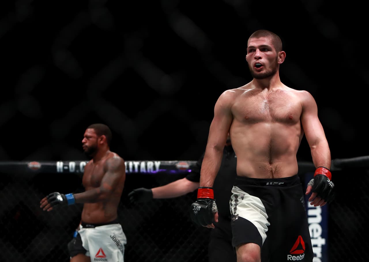 NEW YORK, NY - NOVEMBER 12: Khabib Nurmagomedov of Russia reacts against Michael Johnson of the United States in their lightweight bout during the UFC 205 event at Madison Square Garden on November 12, 2016 in New York City. (Photo by Michael Reaves/Getty Images )