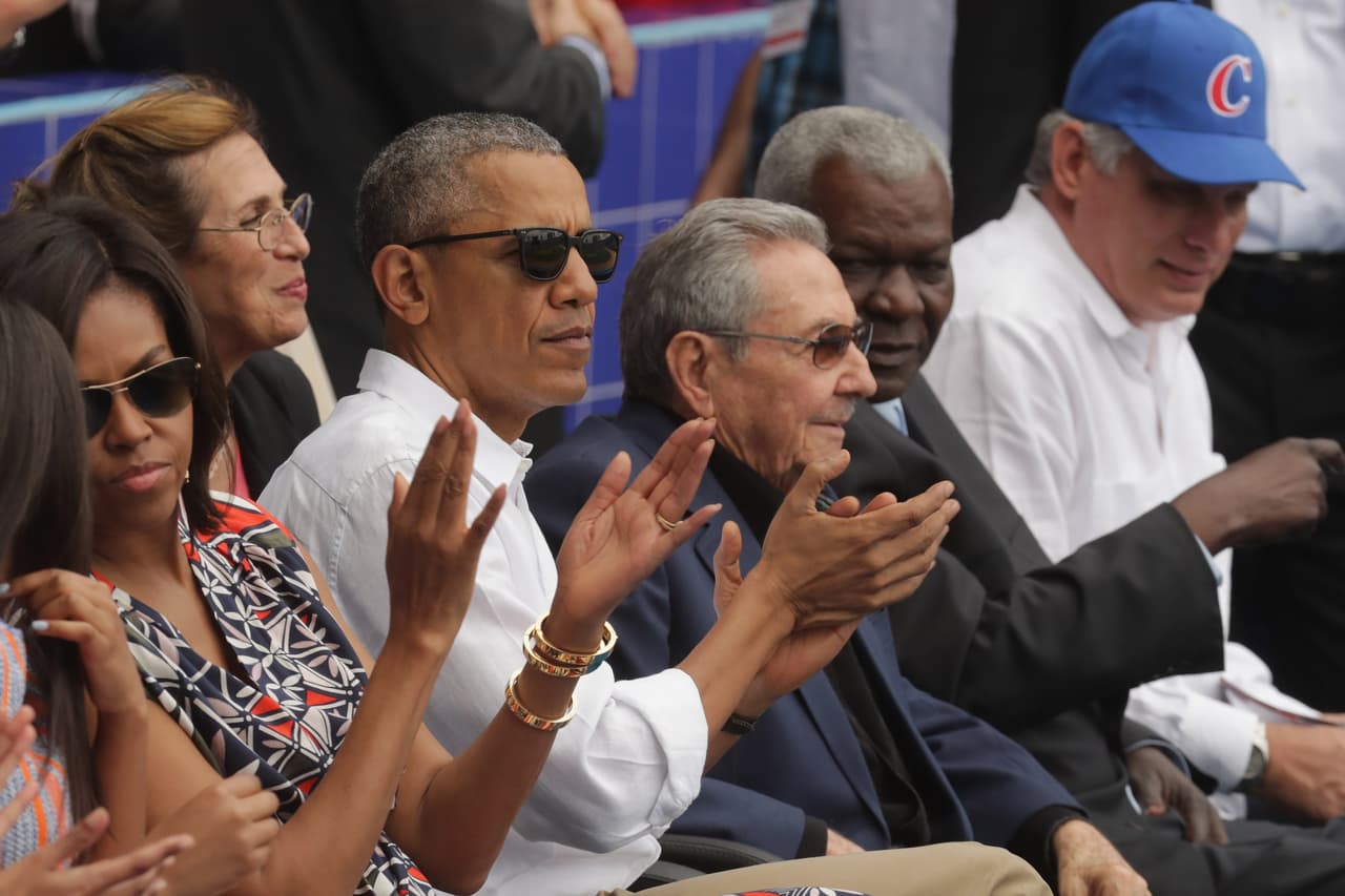 Diaz-Canel was named vice-president in 2013, making him hero-apparent to Raúl Castro and he began to be seen more in public. Seen here with Raúl Castro and Barack Obama at a baseball game during the historic visit of the US president to Cuba in 2016.