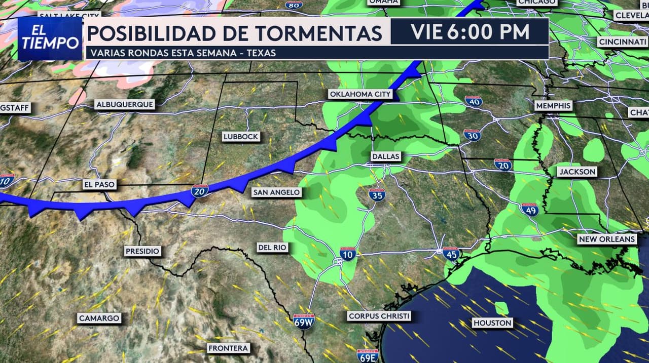 Una nueva ronda de tormentas
<b>podría desarrollarse el viernes alrededor de las 6:00 pm en el norte de Texas. </b>
<br>El sistema avanzaría desde el oeste hacia el área de Dallas - Fort Worth,
<b>con lluvias que podrían extenderse durante la noche y hacia la madrugada del sábado.</b>
<br>La principal preocupación
<b>sería la lluvia acumulada y la posibilidad de inundaciones,</b> especialmente si varias tormentas pasan por las mismas zonas.
<br>El pronóstico puede ajustarse conforme avance la semana.
<br>Se recomienda estar atento a las actualizaciones, sobre todo
<b>desde la tarde del viernes y durante las primeras horas del sábado.</b>