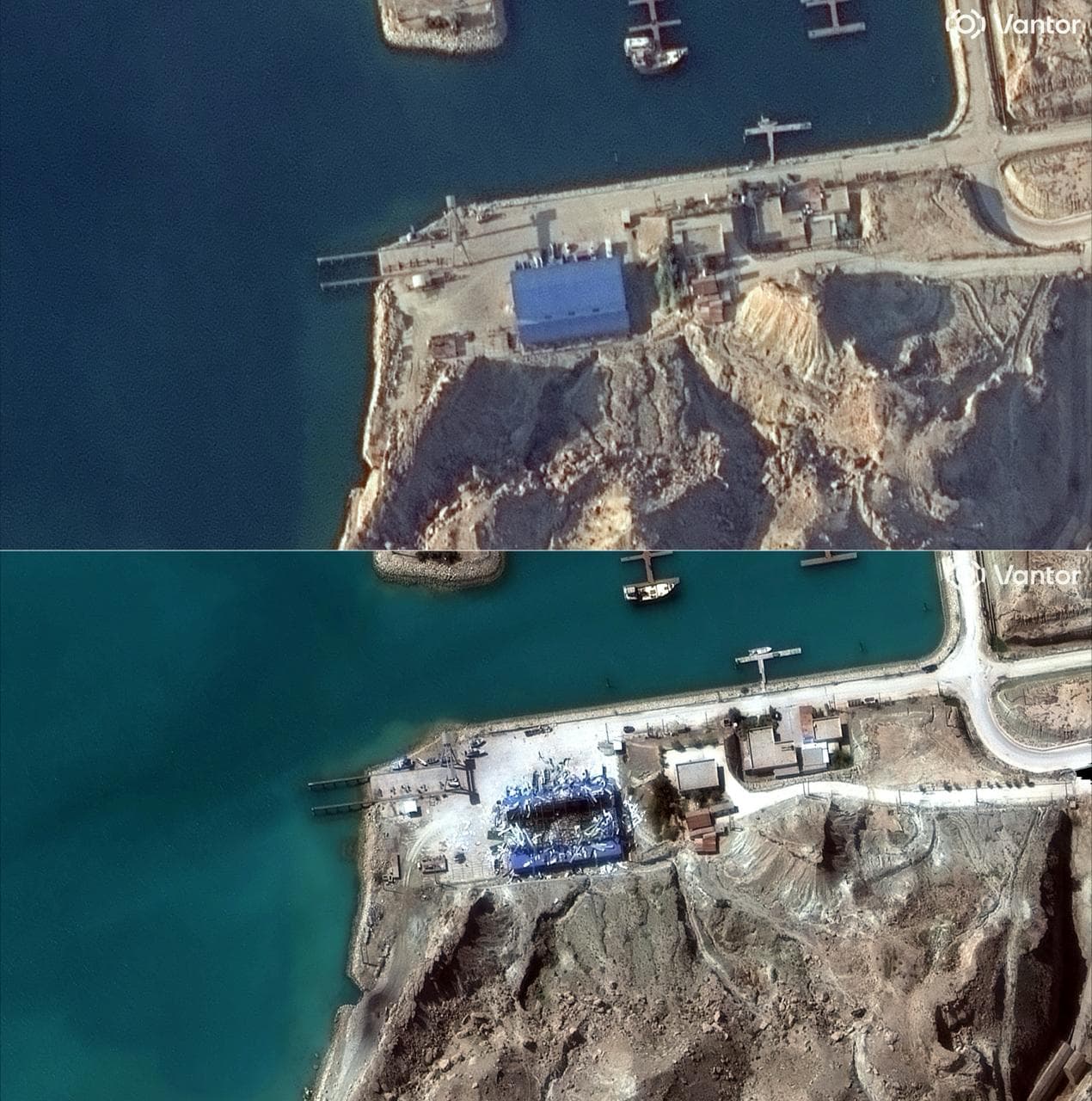 Esta combinación de imágenes creada el 6 de marzo de 2026, utilizando imágenes satelitales cedidas por Vantor, muestra el puerto de la base naval iraní de Bandar Barkhuh el 20 de enero de 2026 (arriba) y una vista de los daños sufridos por la instalación tras un ataque militar el 6 de marzo de 2026.
<br>
<br>Estados Unidos e Israel han lanzado ataques contra Irán desde el 28 de febrero, con el asesinato del líder supremo de Irán, y la República Islámica respondió con una lluvia de misiles contra los Estados del Golfo e Israel.