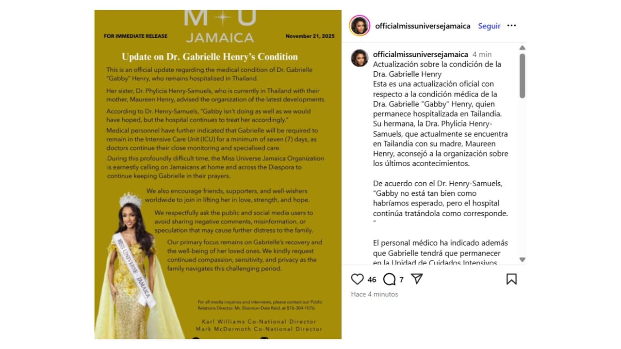 Miss Jamaica sufrió una aparatosa caída en Miss Universe 2025 que la tiene en cuidados intensivos.