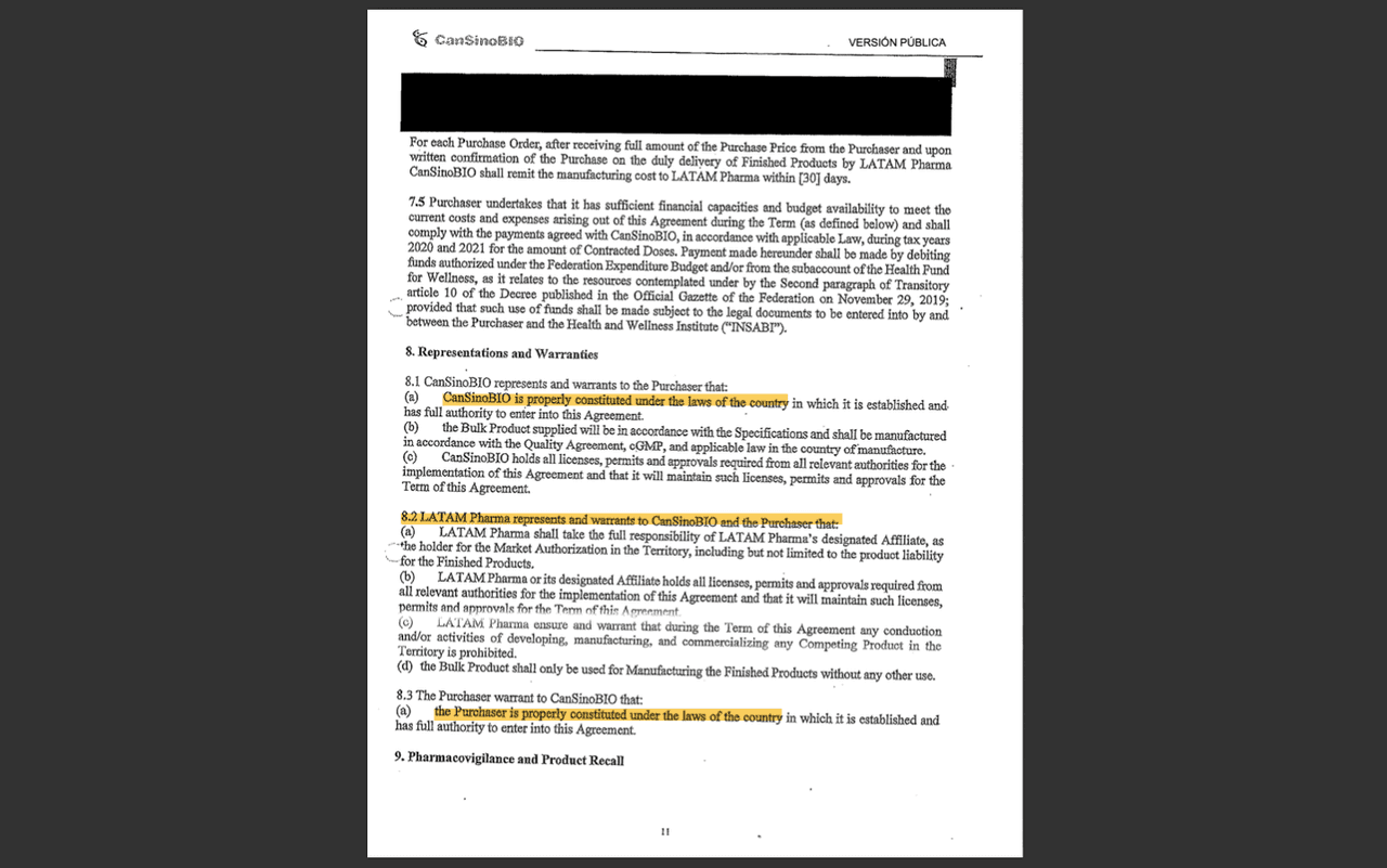 The contract for buying CanSino vaccines does not say that the company is legally incorporated.