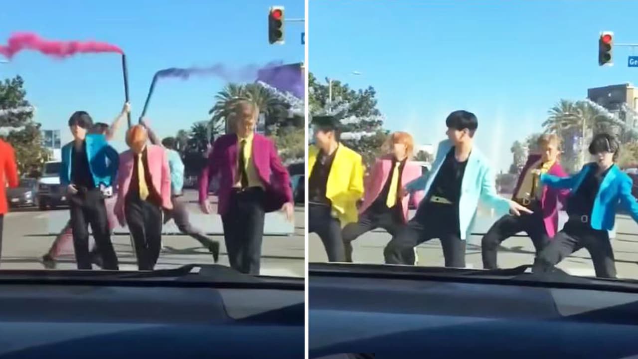 Boy band de k-pop baila en un semáforo y sorprende a las redes: hasta tienen escenografía