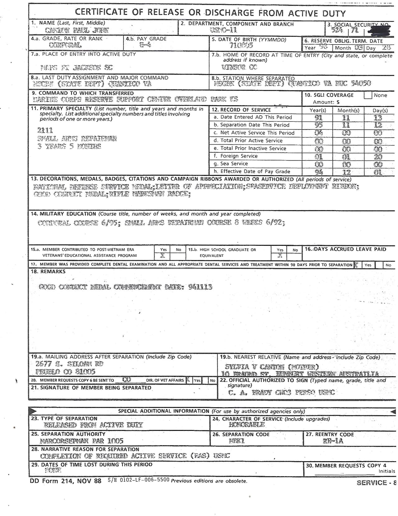 Paul Canton discharge papers, Form DD 214.