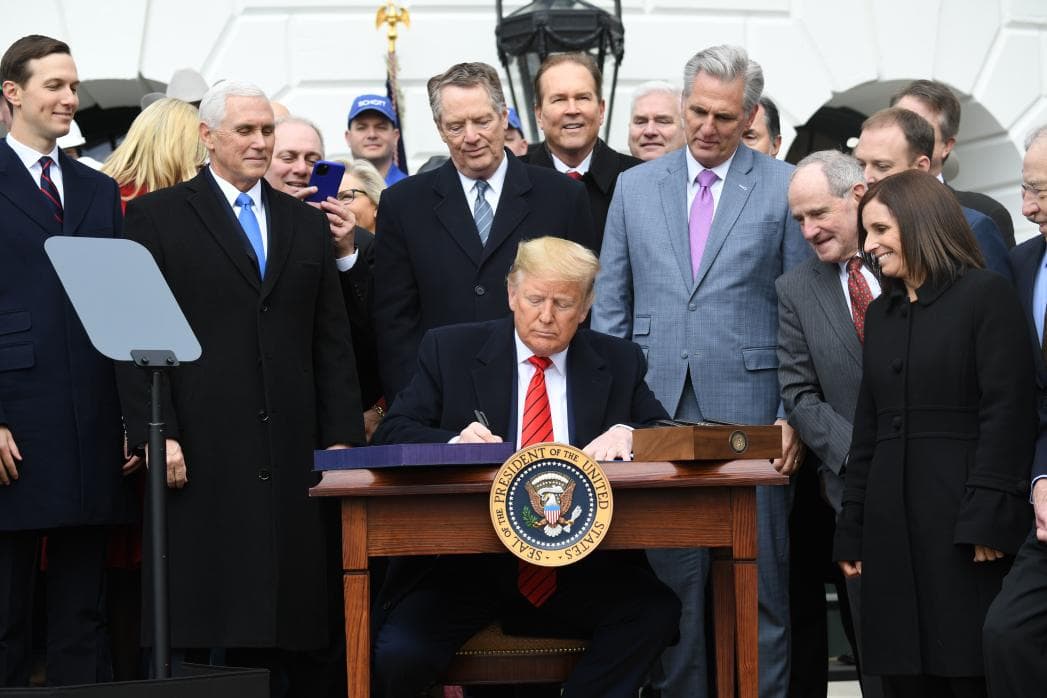 President Donald Trump signing the new USMCA treaty with Mexico and Canada, January 29, 2020.