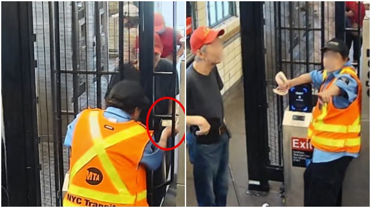 Ese mismo día, otro hombre con bastón y gorra roja apareció en cámaras mientras entregaba dinero antes de entrar al sistema.