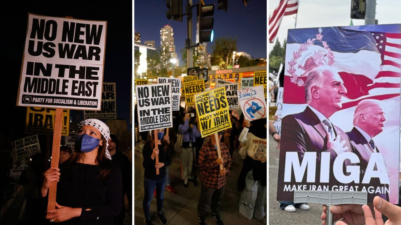 Miles de personas protestan en California contra los ataques a Irán mientras otros celebran la caída de Alí Jameneí